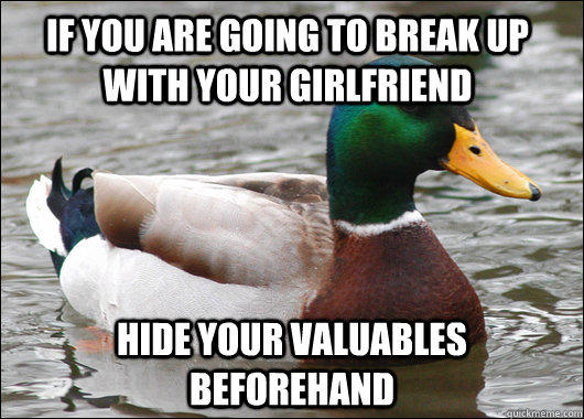 If you are going to break up with your girlfriend hide your valuables beforehand - If you are going to break up with your girlfriend hide your valuables beforehand  Actual Advice Mallard