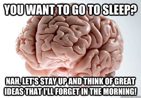 you want to go to sleep? nah, let's stay up and think of great ideas that i'll forget in the morning!  Scumbag Brain