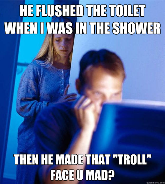 HE FLUSHED THE TOILET WHEN I WAS IN THE SHOWER THEN HE MADE THAT 