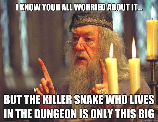 I know your all worried about it... But the killer snake who lives in the dungeon is only this big  Dumbledore