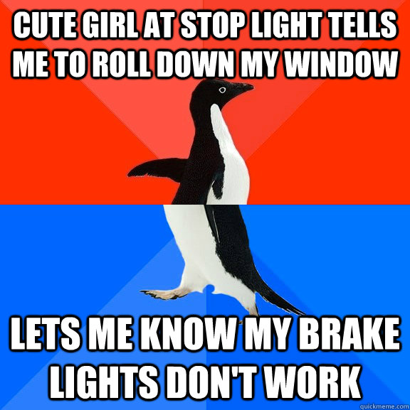 cute girl at stop light tells me to roll down my window lets me know my brake lights don't work  Socially Awesome Awkward Penguin