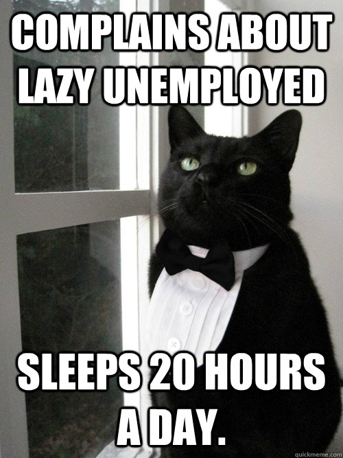 Complains about lazy unemployed sleeps 20 hours a day.  One Percent Cat