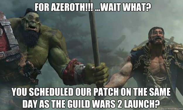 For Azeroth!!! ...wait What? you scheduled our patch on the same day as the guild wars 2 launch?  For Azeroth