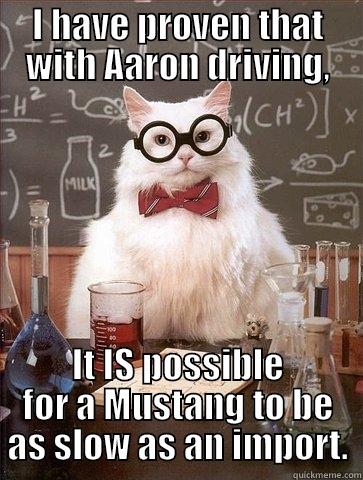 prof kitty - I HAVE PROVEN THAT WITH AARON DRIVING, IT IS POSSIBLE FOR A MUSTANG TO BE AS SLOW AS AN IMPORT. Chemistry Cat