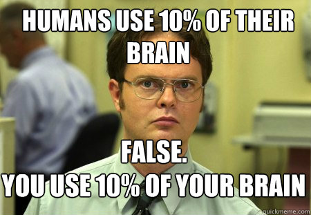 Humans use 10% of their brain FALSE.  
You use 10% of your brain  Schrute