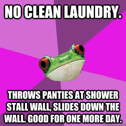 No clean laundry. Throws panties at shower stall wall, slides down the wall. good for one more day.  Foul Bachelorette Frog