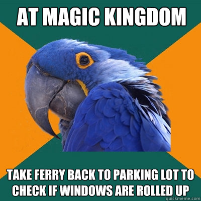 at magic kingdom take ferry back to parking lot to check if windows are rolled up  Paranoid Parrot