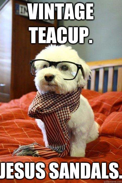 Vintage Teacup.  Jesus Sandals.   Hipster pup
