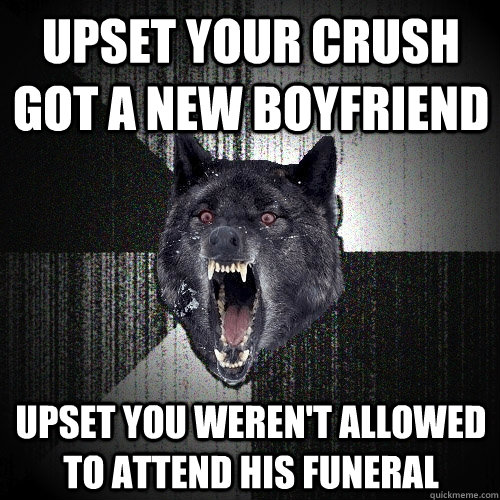 upset your crush got a new boyfriend upset you weren't allowed to attend his funeral  Insanity Wolf
