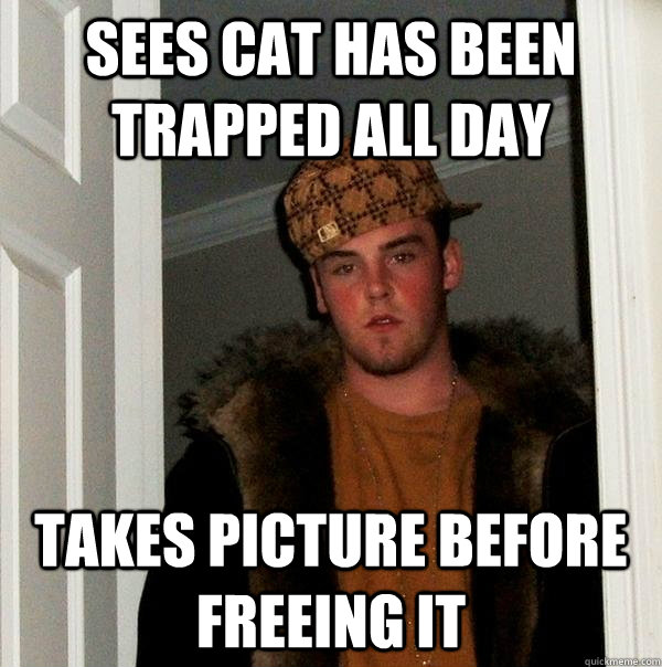 Sees cat has been trapped all day takes picture before freeing it  Scumbag Steve
