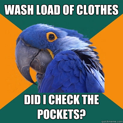 wash load of clothes did i check the pockets?  Paranoid Parrot