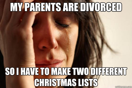 My parents are divorced So i have to make two different christmas lists  First World Problems