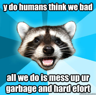 y do humans think we bad all we do is mess up ur garbage and hard efort  Lame Pun Coon