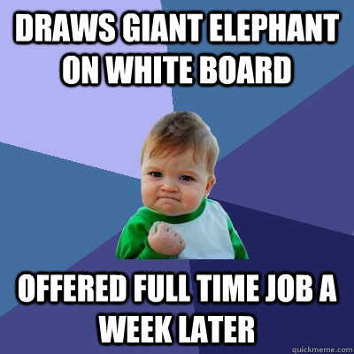 Draws giant elephant on white board Offered full time job a week later  Success Kid