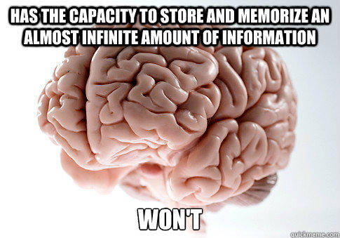 HAS THE CAPACITY TO STORE AND MEMORIZE AN ALMOST INFINITE AMOUNT OF INFORMATION WON'T  - HAS THE CAPACITY TO STORE AND MEMORIZE AN ALMOST INFINITE AMOUNT OF INFORMATION WON'T   Scumbag Brain