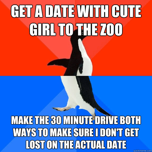Get a date with cute girl to the zoo Make the 30 minute drive both ways to make sure i don't get lost on the actual date  Socially Awesome Awkward Penguin