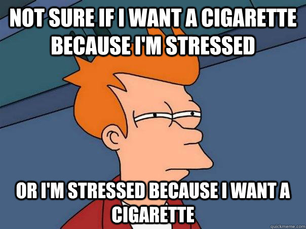 not sure if i want a cigarette because i'm stressed or i'm stressed because i want a cigarette - not sure if i want a cigarette because i'm stressed or i'm stressed because i want a cigarette  Futurama Fry