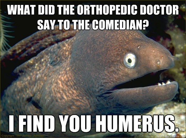 WHAT DID THE ORTHOPEDIC DOCTOR SAY TO THE COMEDIAN? I FIND YOU HUMERUS. Caption 3 goes here  Bad Joke Eel