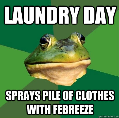Laundry day sprays pile of clothes with febreeze  Foul Bachelor Frog
