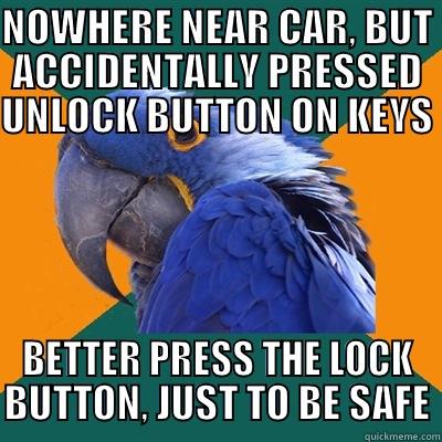 NOWHERE NEAR CAR, BUT ACCIDENTALLY PRESSED UNLOCK BUTTON ON KEYS  BETTER PRESS THE LOCK BUTTON, JUST TO BE SAFE Paranoid Parrot