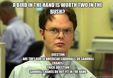 A bird in the hand is worth two in the bush? Question.
Are they north american cardinals or sandhill cranes?
Trick question.
Sandhill cranes do not fit in the hand.
  Schrute