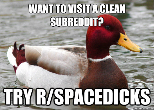 Want to visit a clean subreddit?
 try r/spacedicks  Malicious Advice Mallard
