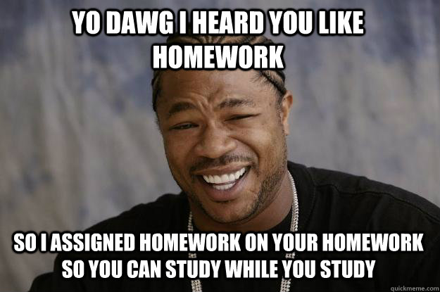 YO DAWG I HEARD YOU LIKE HOMEWORK so I ASSIGNED HOMEWORK ON YOUR HOMEWORK SO YOU CAN STUDY WHILE YOU STUDY  Xzibit meme