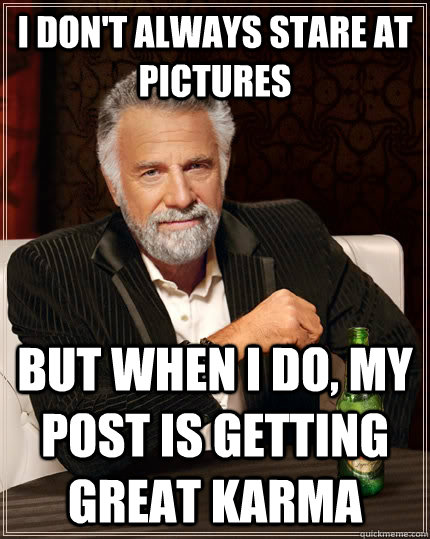 I don't always stare at pictures but when i do, my post is getting great karma  The Most Interesting Man In The World