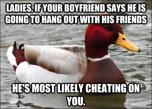 LADIES, IF YOUr BOYFRIEND SAYS HE IS GOING TO HANG OUT WITH HIS FRIENDS He's most likely cheating on you.  Malicious Advice Mallard
