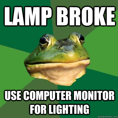 Lamp broke use computer monitor for lighting  Foul Bachelor Frog