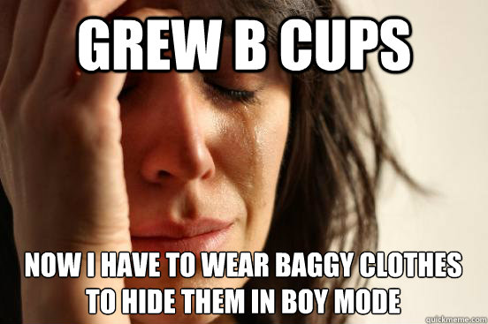 Grew B Cups Now I have to wear baggy clothes to hide them in boy mode  First World Problems