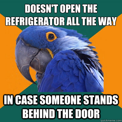 Doesn't open the Refrigerator all the way In case someone stands behind the door   Paranoid Parrot