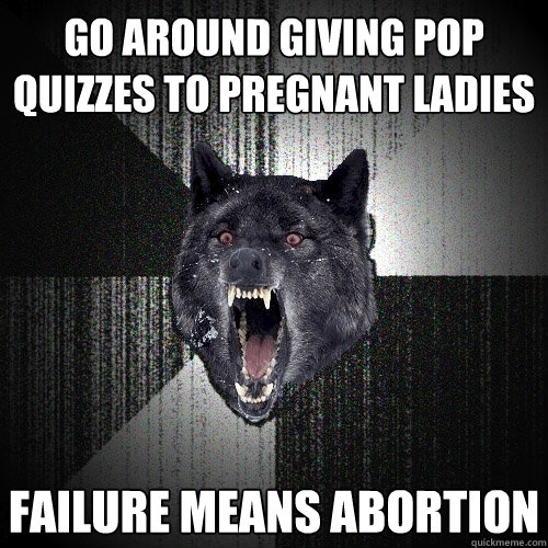 go around giving pop quizzes to pregnant ladies FAILURE MEANS ABORTION  Insanity Wolf