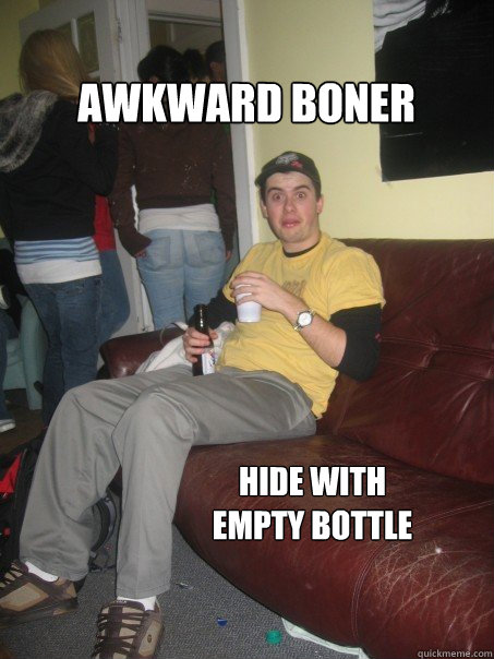 Awkward boner hide with empty bottle  