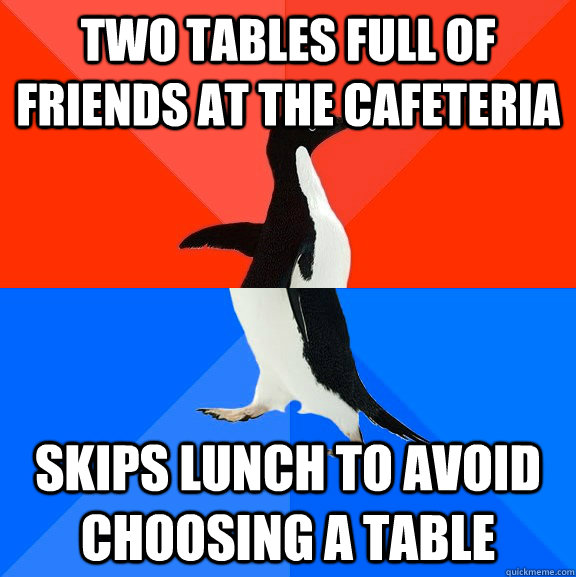 Two tables full of friends at the cafeteria Skips lunch to avoid choosing a table  Socially Awesome Awkward Penguin