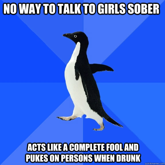 no way to talk to girls sober  acts like a complete fool and pukes on persons when drunk  Socially Awkward Penguin