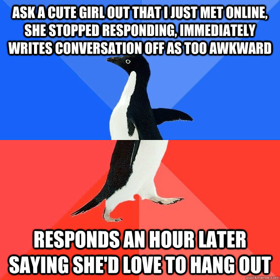 Ask a cute girl out that i just met online, she stopped responding, immediately writes conversation off as too awkward responds an hour later Saying she'd love to hang out  Socially Awkward Awesome Penguin