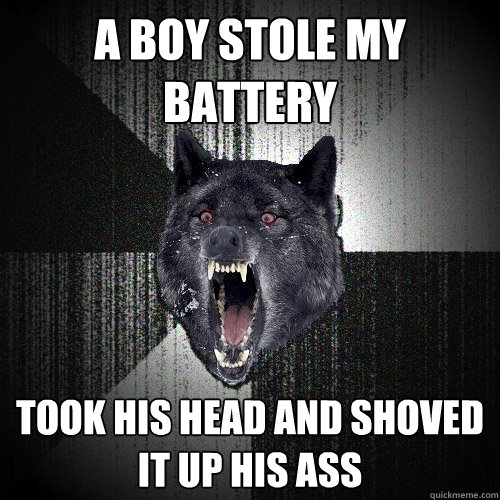 A boy stole my battery  Took his head and shoved it up his ass  Insanity Wolf