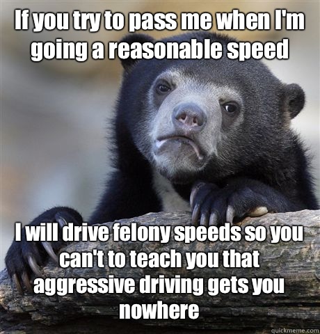 If you try to pass me when I'm going a reasonable speed I will drive felony speeds so you can't to teach you that aggressive driving gets you nowhere  Confession Bear