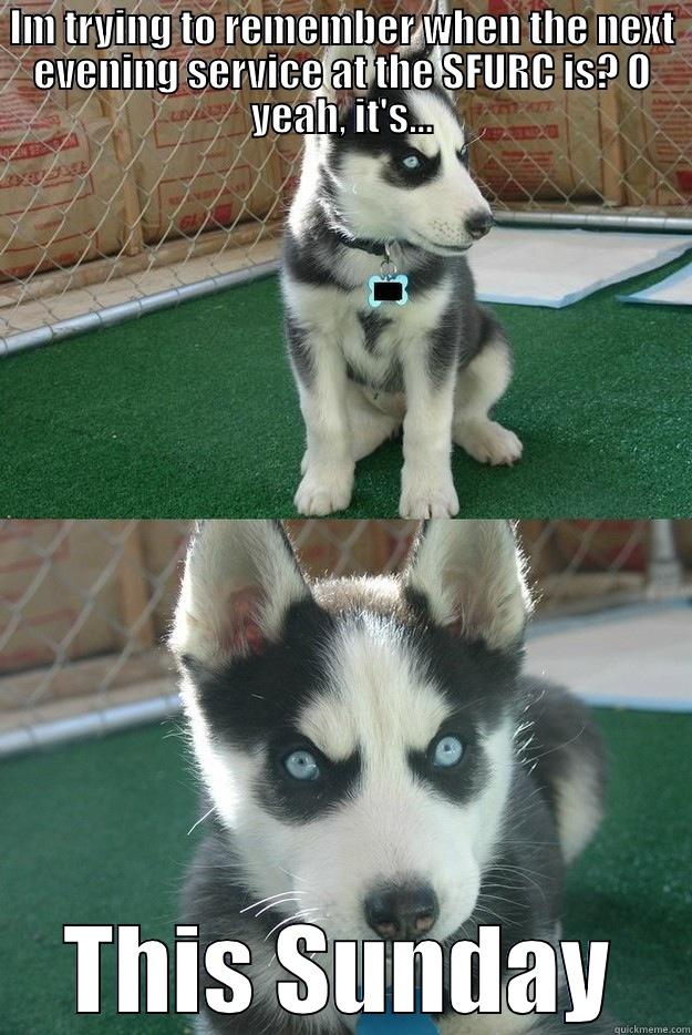 IM TRYING TO REMEMBER WHEN THE NEXT EVENING SERVICE AT THE SFURC IS? O YEAH, IT'S... THIS SUNDAY Insanity puppy