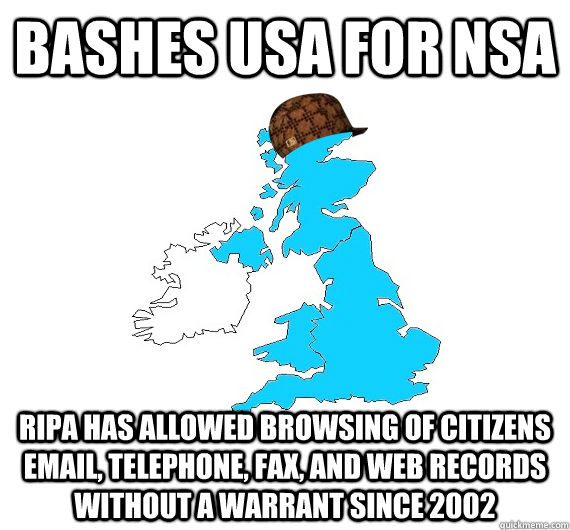 bashes USA for NSA RIPA has allowed browsing of citizens email, telephone, fax, and web records without a warrant since 2002  