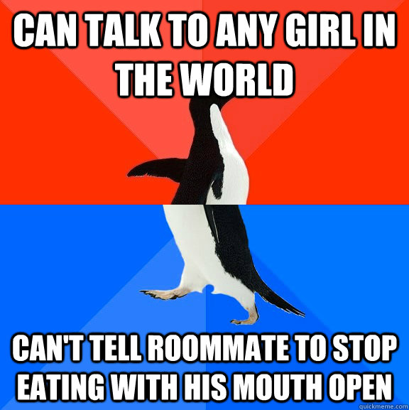 Can talk to any girl in the world can't tell roommate to stop eating with his mouth open  Socially Awesome Awkward Penguin