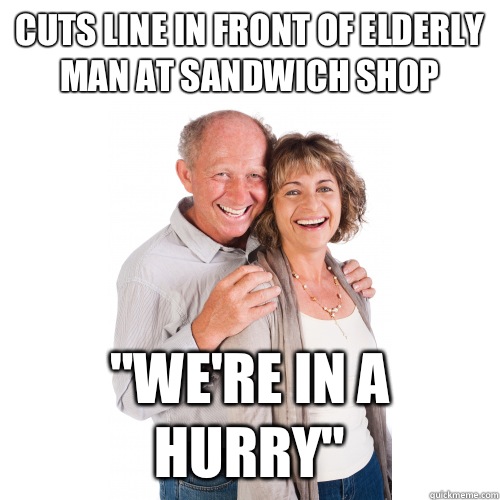 Cuts line in front of elderly man at sandwich shop 