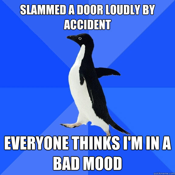 Slammed a door loudly by accident Everyone thinks I'm in a bad mood  