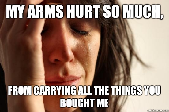 My arms hurt so much, From carrying all the things you bought me  First World Problems