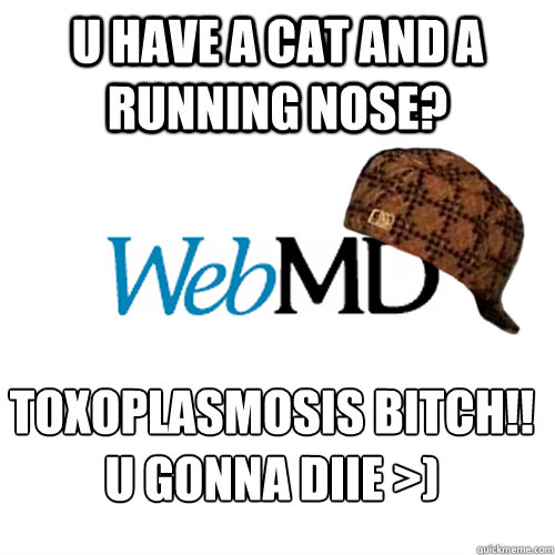 U HAVE A CAT and a running nose? TOXOPLASMOSIS BITCH!!
u gonna diie >) - U HAVE A CAT and a running nose? TOXOPLASMOSIS BITCH!!
u gonna diie >)  Scumbag WebMD