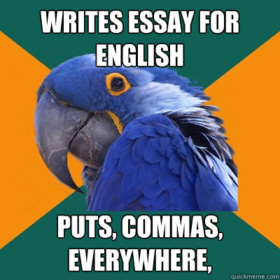 Writes Essay for english puts, commas, everywhere,  Paranoid Parrot