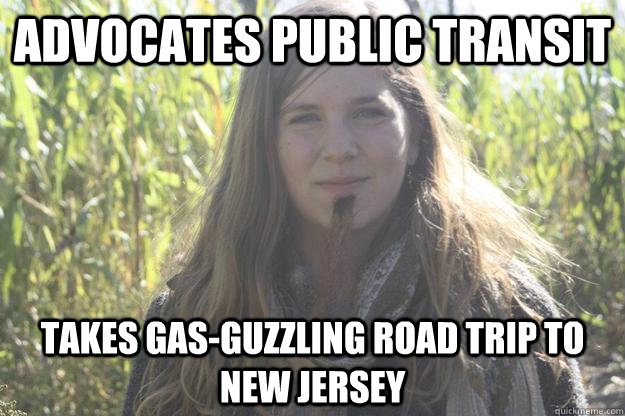 Advocates public transit Takes gas-guzzling road trip to new jersey  