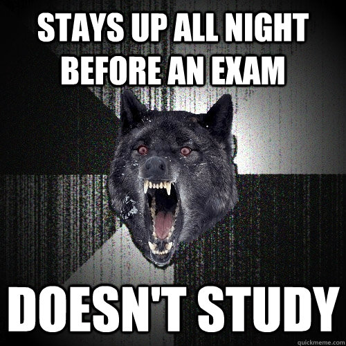 stays up all night before an exam doesn't study  Insanity Wolf