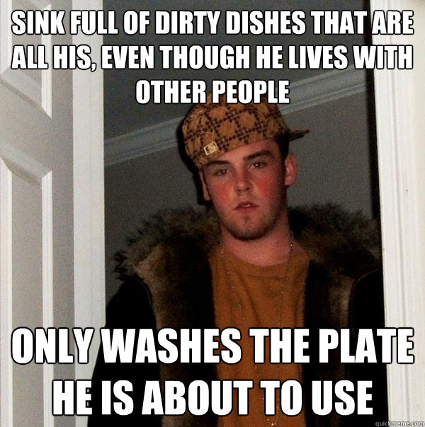 Sink full of dirty dishes that are all his, even though he lives with other people Only washes the plate he is about to use  Scumbag Steve